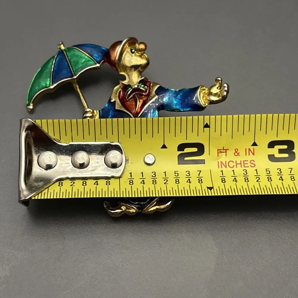 Vintage Brooch Clown with Umbrella Gold Tone & Green Blue Red Enamel Colorful